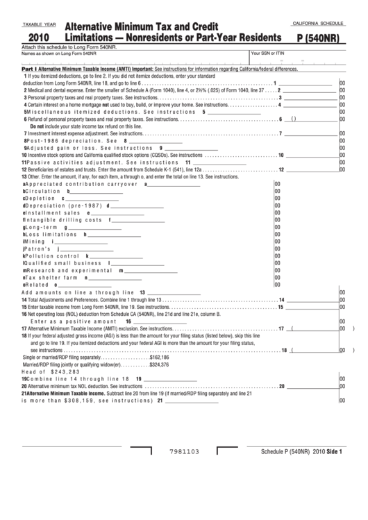 Fillable California Schedule P (540nr) - Attach To Form 540nr - Alternative Minimum Tax And