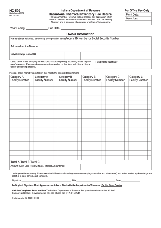 Fillable Form Hc-500 - Hazardous Chemical Inventory Fee Return Printable pdf