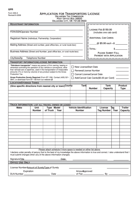 Form 309-A - Application For Transporters License - 2006 Printable pdf