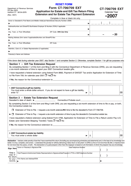 Fillable Form Ct-706-709 Ext - Application For Estate And Gift Tax Return Filingextension And For Estate Tax Payment Extension - 2007 Printable pdf