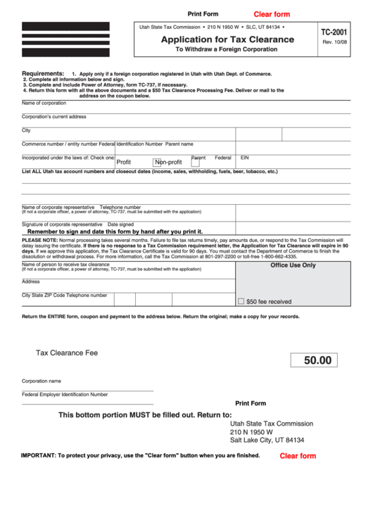 Fillable Form Tc-2001 - Application For Tax Clearance To Withdraw A Foreign Corporation Printable pdf