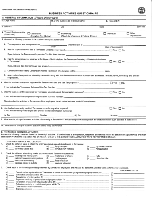 Business Activities Questionnaire Form - Tennessee Department Of Revenue Printable pdf