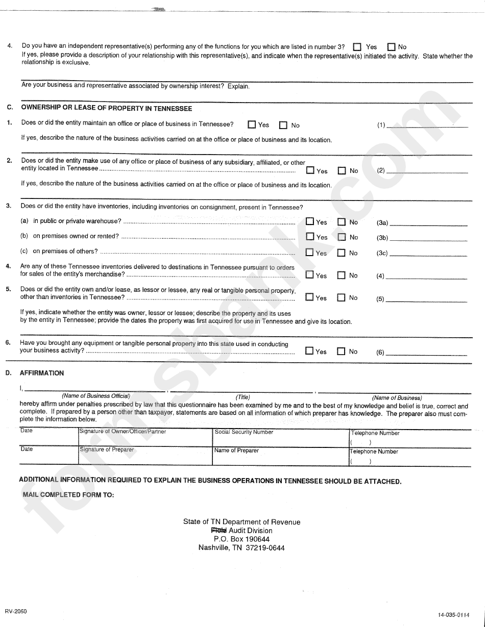 Business Activities Questionnaire Form - Tennessee Department Of Revenue