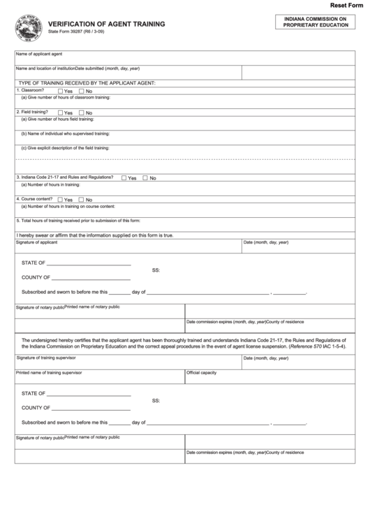 Fillable State Form 39287 - Verification Of Agent Training Printable pdf