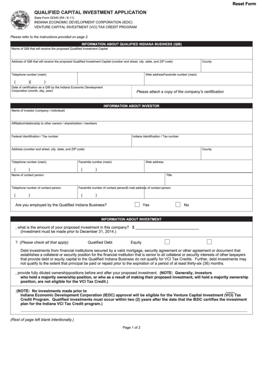 Fillable Form 52340 - Qualified Capital Investment Application Printable pdf