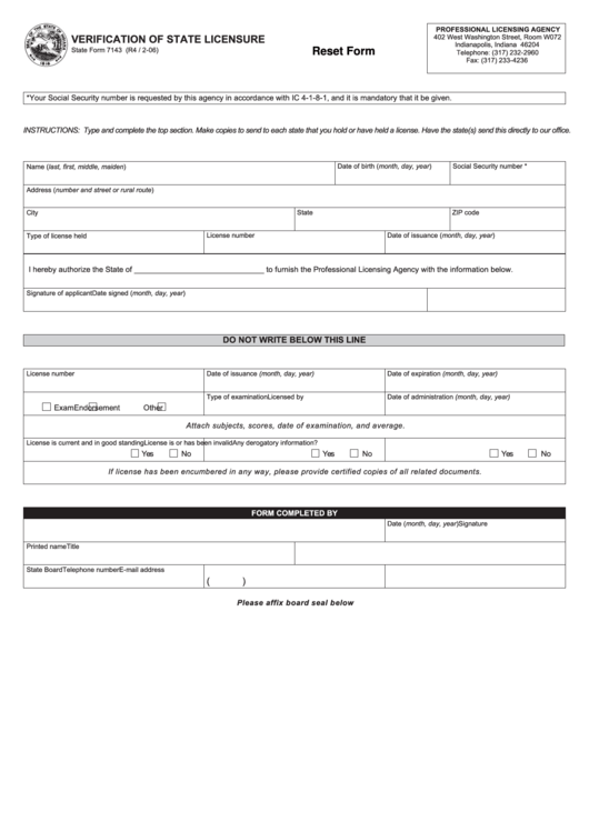 Fillable State Form 7143 - Verification Of State Licensure Printable pdf
