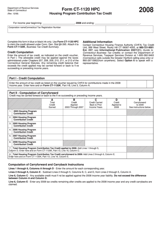 Form Ct-1120 Hpc - Housing Program Contribution Tax Credit - State Of Connecticut Department Of Revenue Services - 2008 Printable pdf