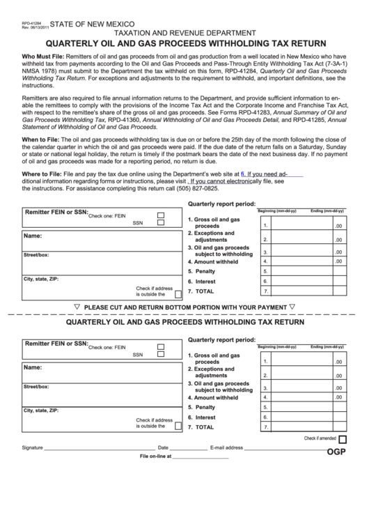 Form Rpd-41284 - Quarterly Oil And Gas Proceeds Withholding Tax Return - 2011 Printable pdf