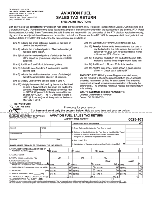 Fillable Form Dr 1510 Aviation Fuel Sales Tax Return printable pdf