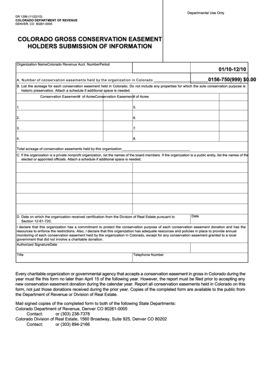 Form Dr 1299 - Colorado Gross Conservation Easement Holders Submission Of Information Printable pdf