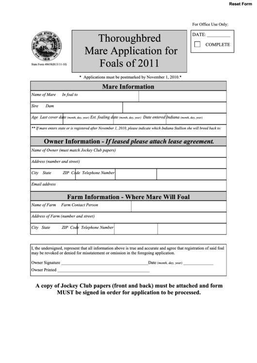 Fillable Form 48658 - Thoroughbred Mare Application For Foals Of 2011 - Indiana Horse Racing Commission Printable pdf