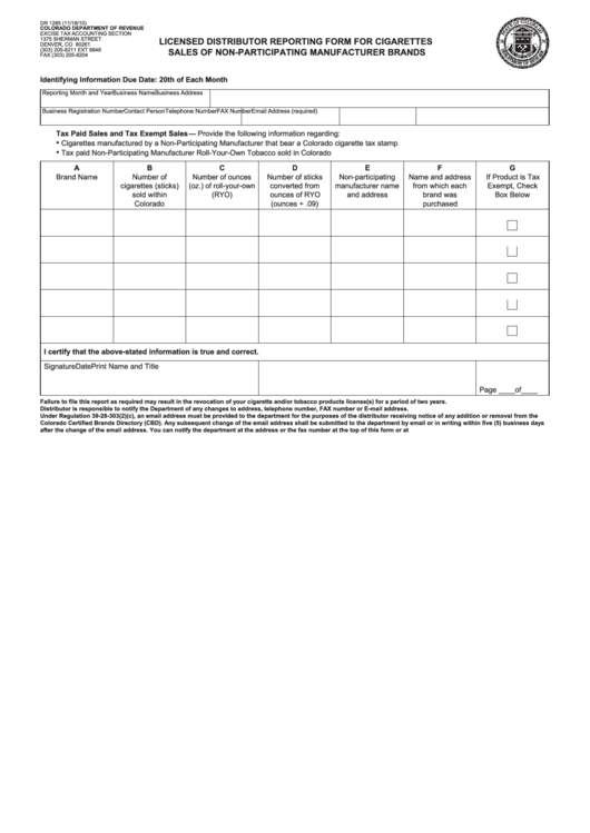 Form Dr 1285 - Licensed Distributor Reporting Form For Cigarettes Sales Of Non-Participating Manufacturer Brands - 2010 Printable pdf