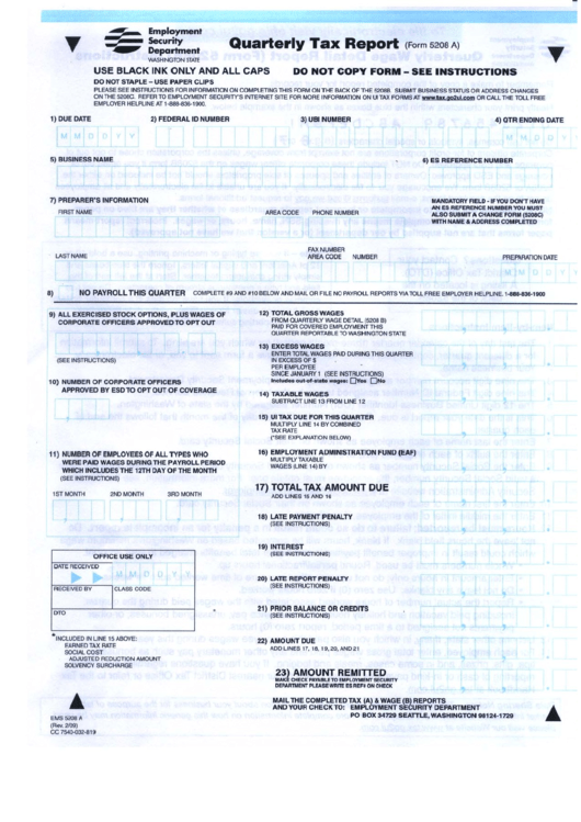 Form 5208 A - Quarterly Tax Report - State Of Washington Printable pdf