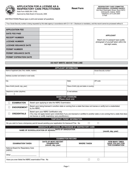 State Form 43825 - Application For A License As A Respiratory Care Practitioner Printable pdf