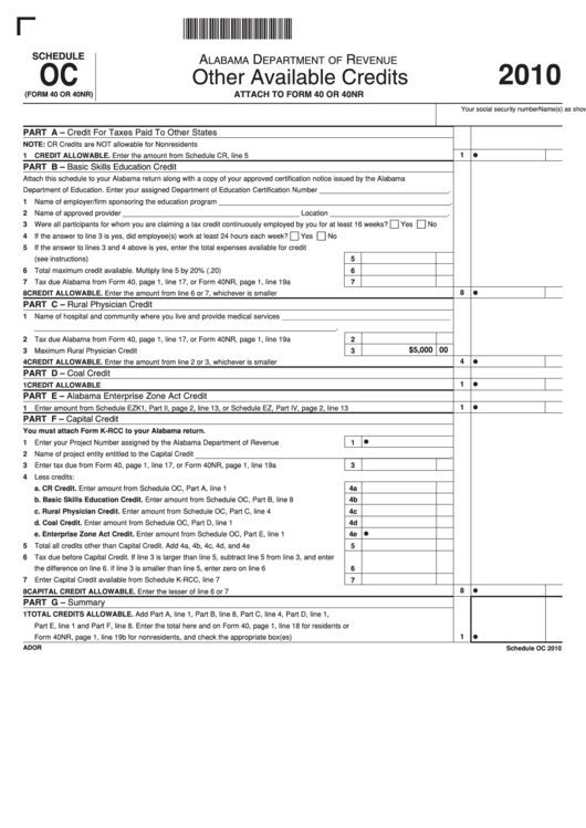 Form 40 Or 40nr - Schedule Oc - Other Available Credits - Alabama Department Of Revenue - 2010 Printable pdf