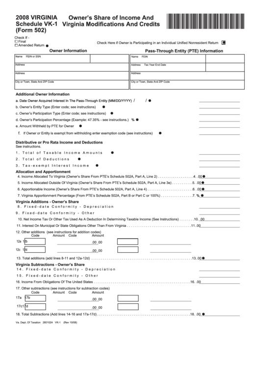 Form 502 - Virginia Schedule Vk-1 - Owner