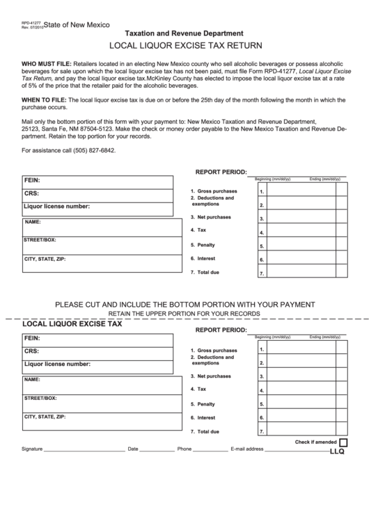 Fillable Form Rpd-41277 - Local Liquor Excise Tax Return - 2010 Printable pdf