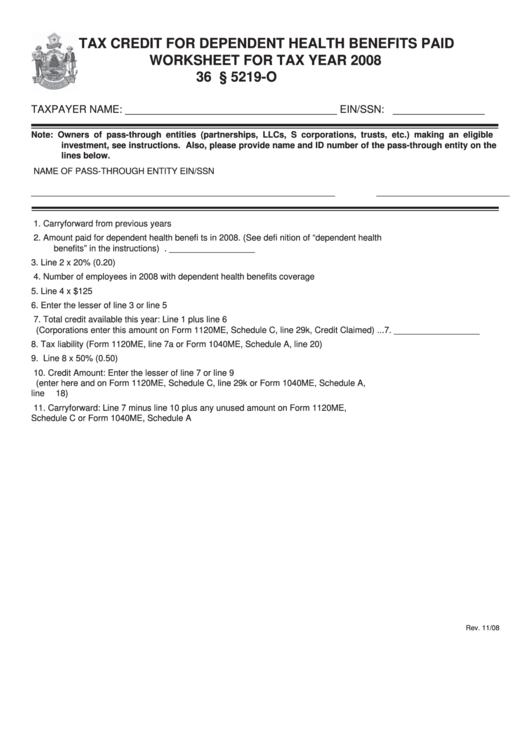 Tax Credit For Dependent Health Benefits Paid Worksheet 36 M.r.s.a. 5219-O - 2008 Printable pdf