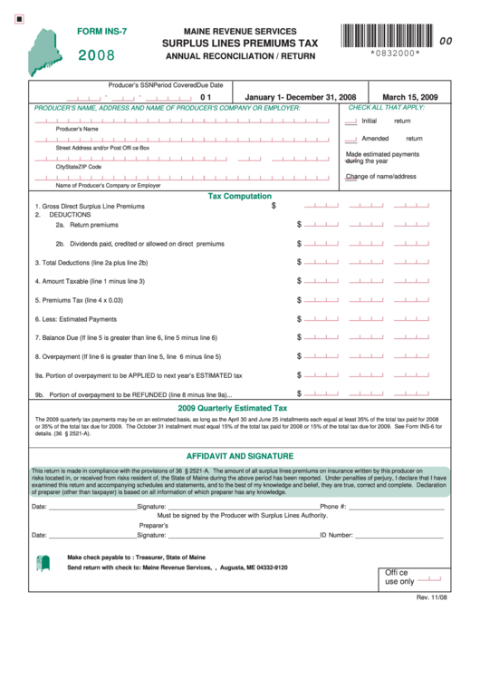 Form Ins-7 - Surplus Lines Premiums Tax Annual Reconciliation / Return - 2008 Printable pdf