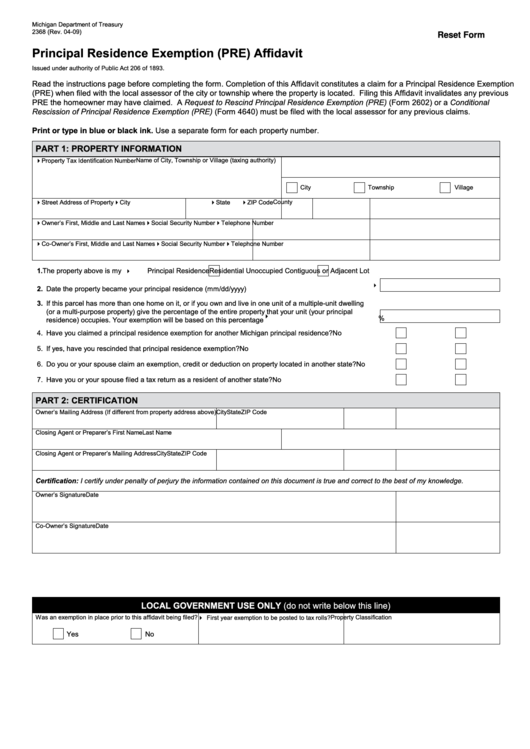 Fillable Form 2368 - Principal Residence Exemption (Pre) Affidavit - 2009 Printable pdf