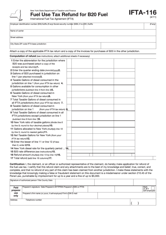 Form Ifta-116 - Fuel Use Tax Refund For B20 Fuel - State Of New York Printable pdf