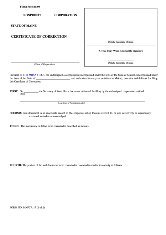 Fillable Form Mnpca-17 - Certificate Of Correction Printable pdf
