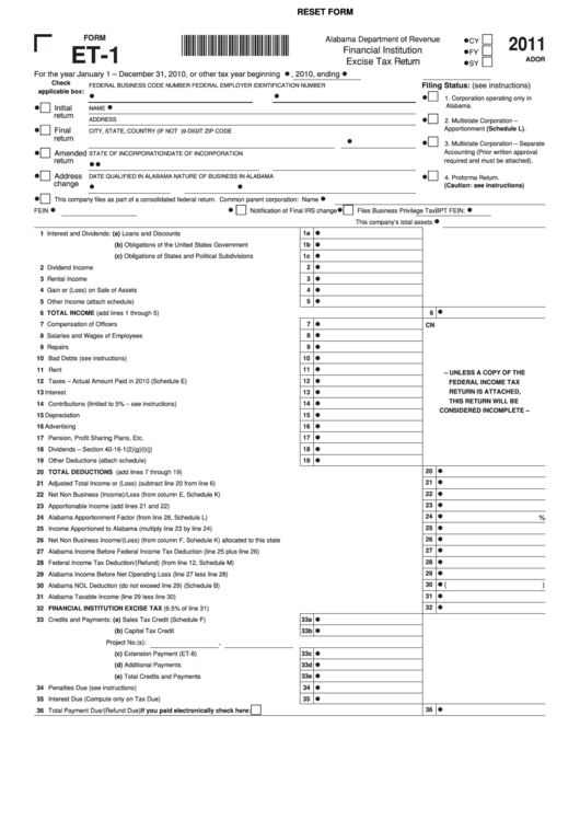 Fillable Form Et-1 - Financial Institution Excise Tax Return - 2011 Printable pdf