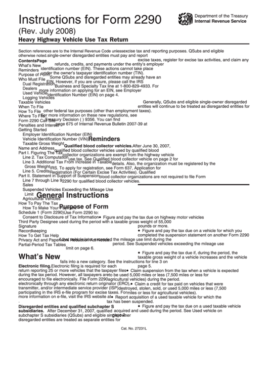 Instructions For Form 2290 - Heavy Highway Vehicle Use Tax Return - 2008 Printable pdf