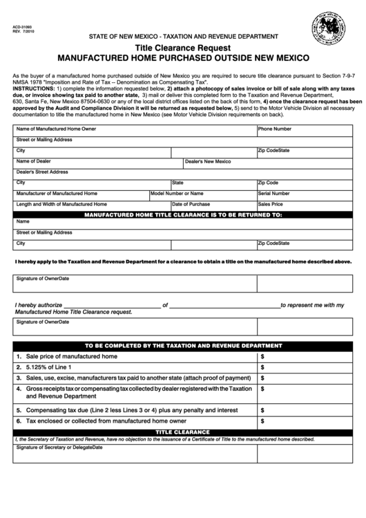 Form Acd-31093 - Title Clearance Request Manufactured Home Purchased Outside New Mexico Printable pdf