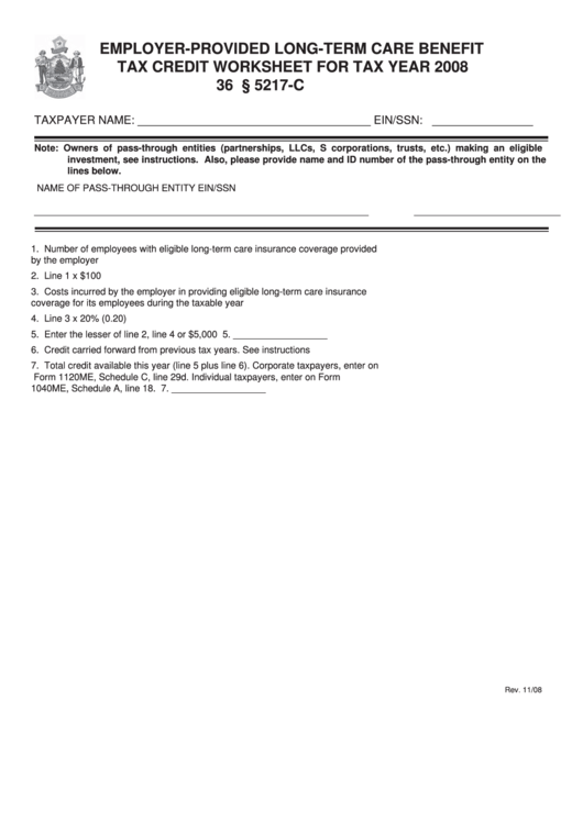 Employer-Provided Long-Term Care Benefits Tax Credit Worksheet For Tax Year 2008 Printable pdf