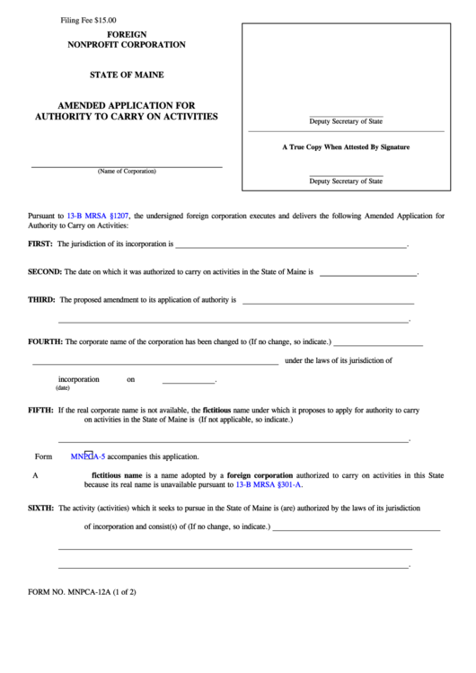 Fillable Form Mnpca-12a - Amended Application For Authority To Carry On Activities - 2009 Printable pdf