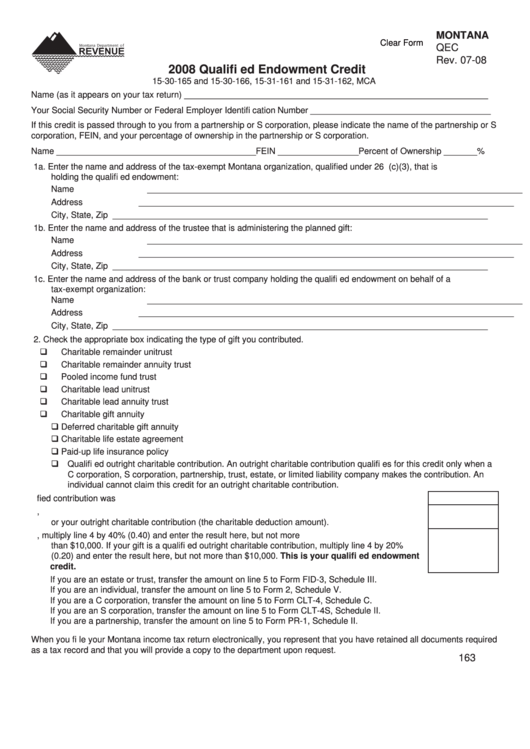 Fillable Montana Form Qec - Qualified Endowment Credit - 2008 Printable pdf