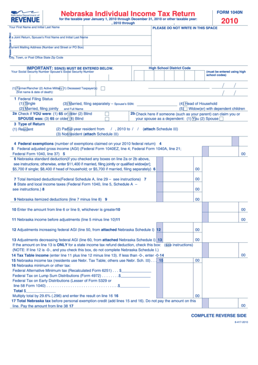 Form 1040n - Nebraska Individual Income Tax Return - 2010 Printable pdf