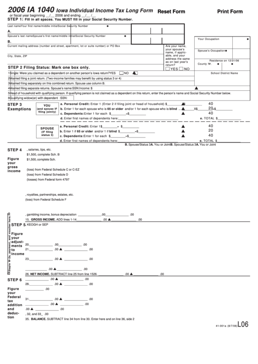 Fillable Form Ia 1040 - Iowa Individual Income Tax Long Form - 2006 Printable pdf