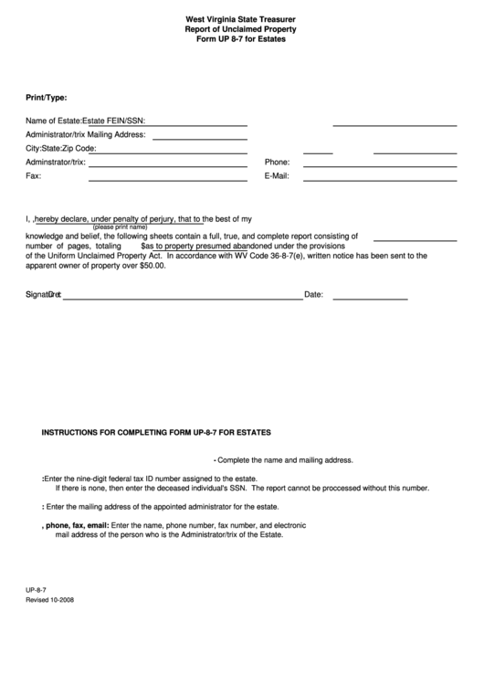 Form Up 8-7 - West Virginia State Treasurer Report Of Unclaimed Property - 2008 Printable pdf
