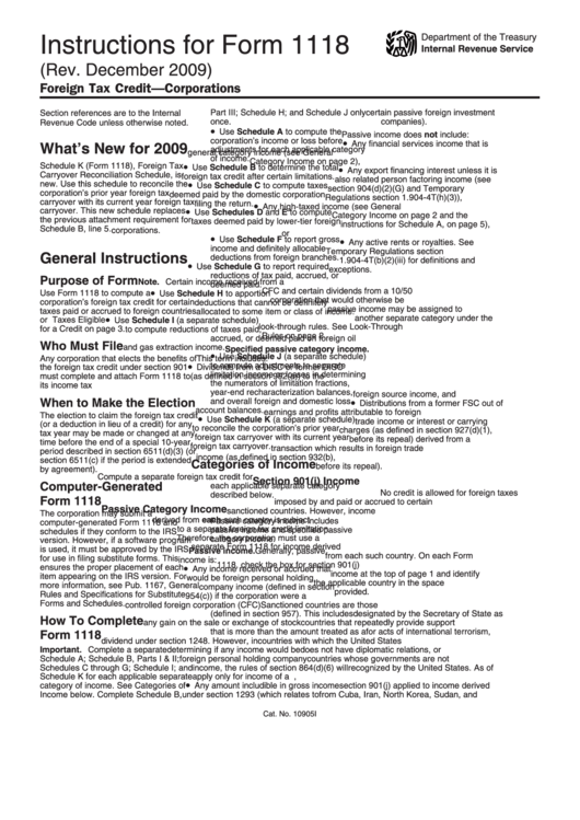 Instructions For Form 1118 - (Rev. December 2009) Printable pdf