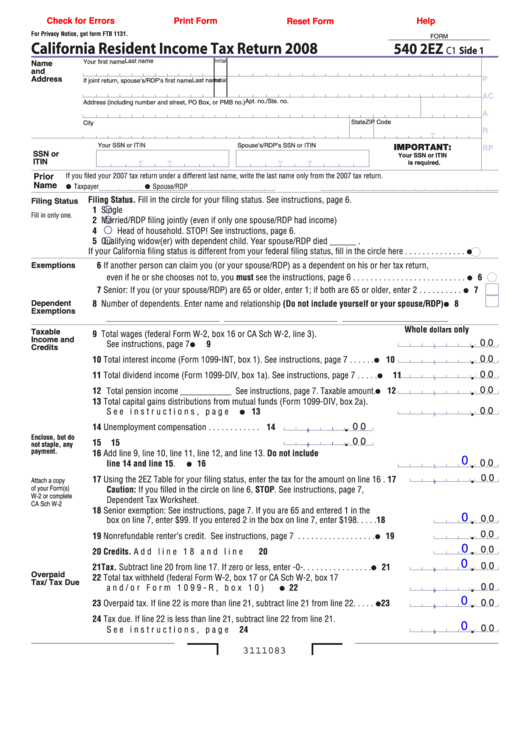 Fillable Form 540 2ez - California Resident Income Tax Return - 2008 Printable pdf
