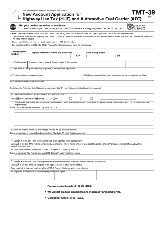 Fillable Form Tmt-39 - New Account Application For Highway Use Tax (Hut) And Automotive Fuel Carrier (Afc) - State Of New York Printable pdf