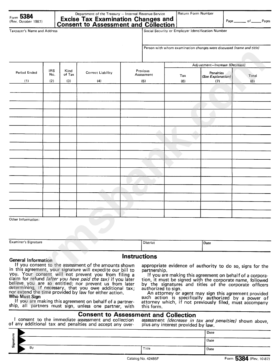 Form 5384 - Excise Tax Examination Changes And Consent To Assessment And Collection - 1987