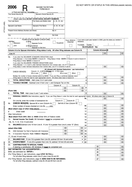 Fillable Form 200-01 - Delaware Individual Resident Income Tax Return - 2006 Printable pdf