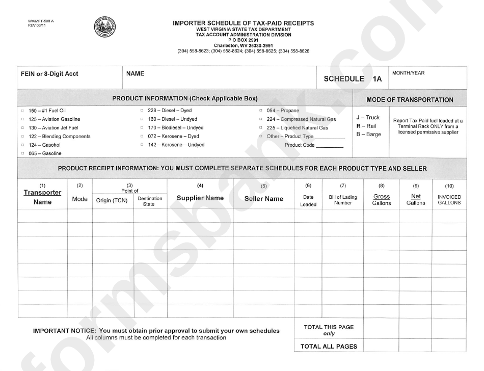 Form Wv/mft-508 A - Importer Schedule Of Tax-Paid Receipts - 2011