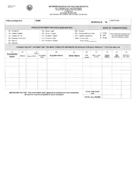 Form Wv/mft-508 A - Importer Schedule Of Tax-Paid Receipts - 2011 Printable pdf