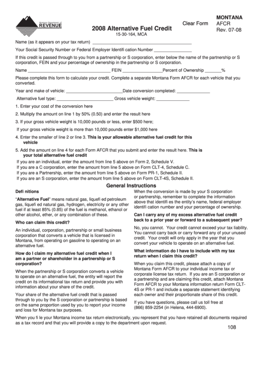 Fillable Montana Form Afcr - Alternative Fuel Credit - 2008 Printable pdf