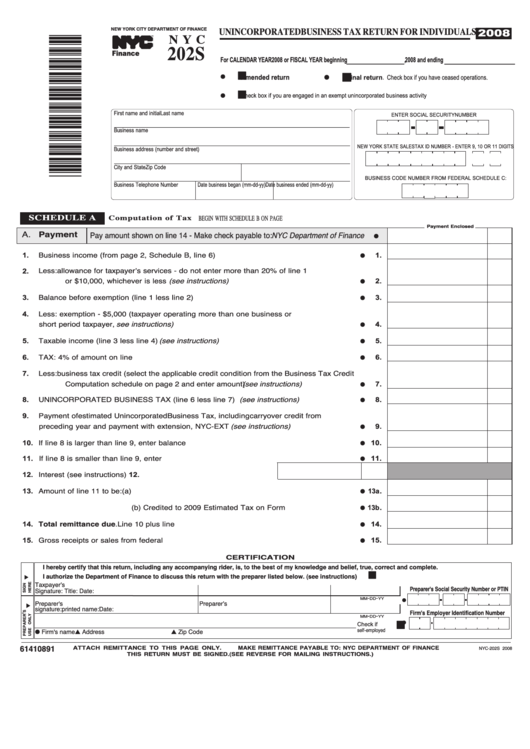 Form Nyc 202s - Unincorporated Business Tax Return For Individuals - 2008 Printable pdf