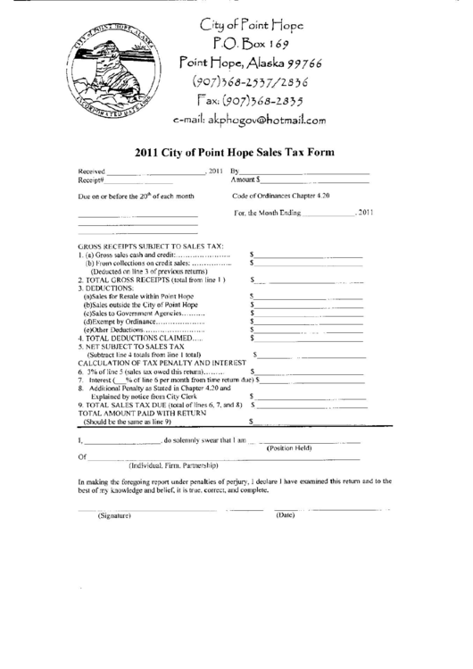 2011 City Of Point Hope Sales And Tax Form - State Of Alaska Printable pdf
