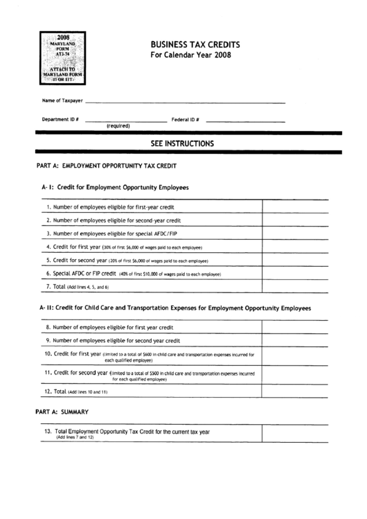 Form At3-74 - Business Tax Credits For Calendar Year 2008 Printable pdf