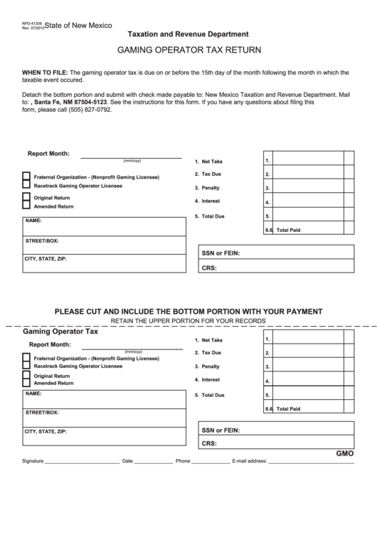 Fillable Form Rpd-41209 - Gaming Operator Tax Return - 2010 Printable pdf