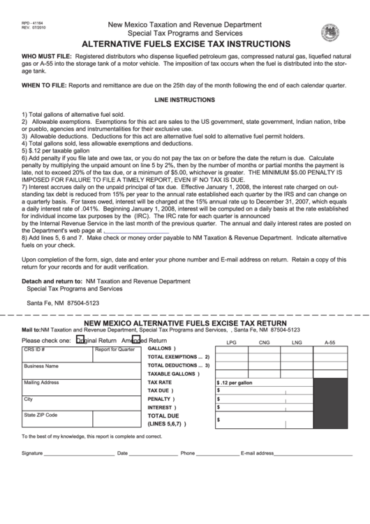 Form Rpd-41164 - Alternative Fuels Excise Tax Instructions - 2010 Printable pdf
