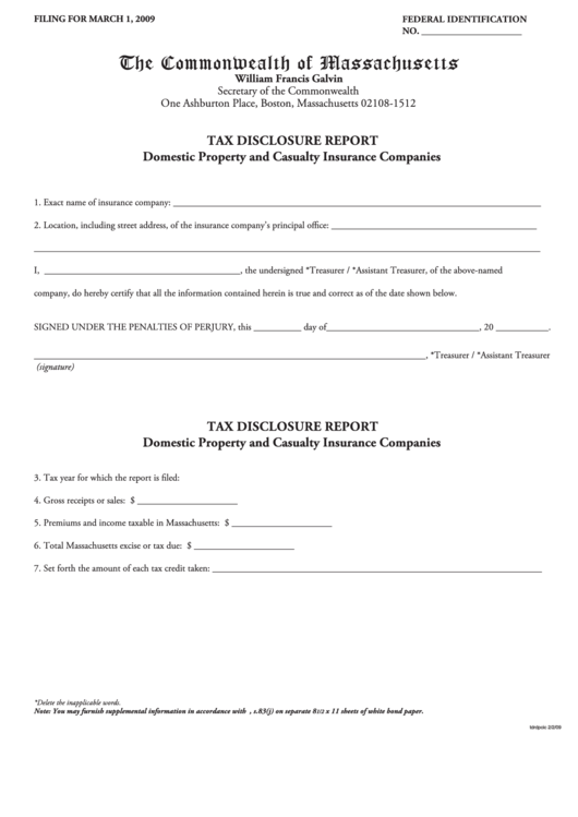 Fillable Tax Disclosure Report Form - Domestic Property And Casualty Insurance Companies - 2009 Printable pdf