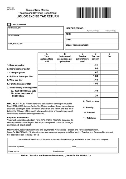 Form Rpd-41129 - Liquor Excise Tax Return - 2010 Printable pdf